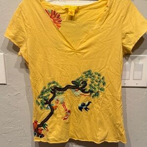Yellow Embroidered V-Neck Short Sleeve Tee by YOKI